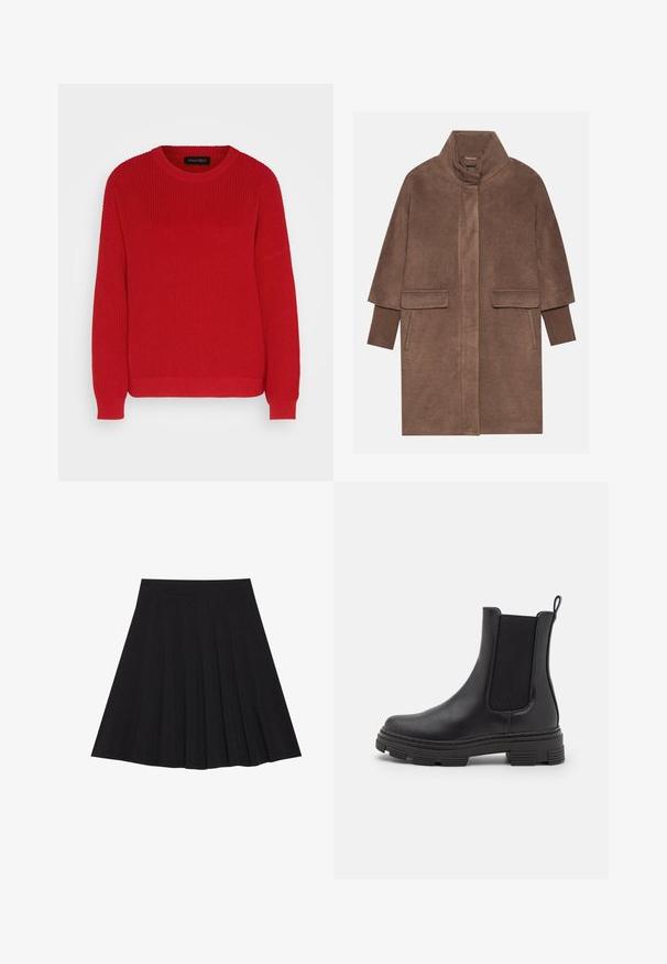 Ruskea villakangastakki korkealla kauluksella, kahdella etutaskulla ja ribbireunuksilla. Kangas on pehmeä tekstuuriltaan ja sileä pinnaltaan.; Punainen neulepaita, jossa on pyöreä kaula-aukko, ribbikuvio ja hieman ylipitkät hihat. Paita on suoran helman ja kestävästä kankaasta valmistettu.; Musta taitettu hame, joka on valmistettu teksturoidusta kankaasta ja jossa on tiukka vyötärö. Laskeutuu polveen, ja siinä on suora ja siisti siluetti.; Mustat nahka-ankle bootsit, joissa on joustavat sivupaneelit, pyöristetyt varpaat ja teksturoitu kumipohja. Takana on silmukka helppoa pukemista varten.