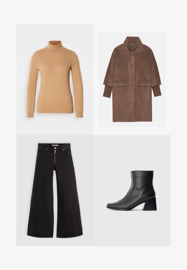 Casaco de lã castanho com colarinho alto, dois bolsos frontais e punhos canelados. O tecido tem uma textura suave e um acabamento liso.; Sweater bege de gola alta feito de um tecido de malha suave, com mangas longas e um discreto logotipo da marca no peito. Punhos e barra em canelado.; Calças de ganga de perna larga em denim preto com fecho éclair à frente, design de cinco bolsos e detalhes de costura subtil. Textura suave e estilo casual.; Bota de tornozelo em couro preto com bico quadrado, fecho lateral e salto bloco contra um fundo claro plano.