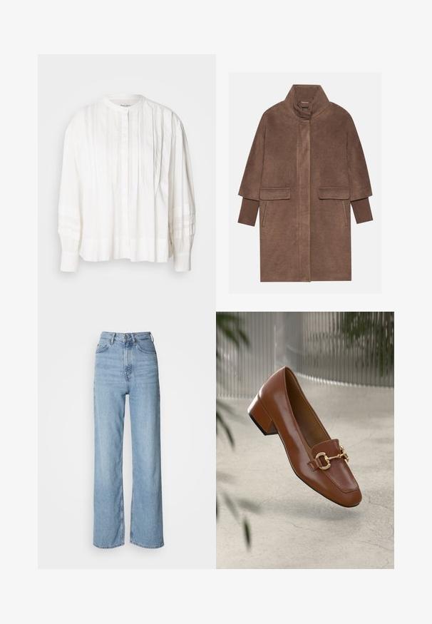 Hnedý vlnený kabát s vysokým golierom, dvoma prednými vreckami a rebrovanými manžetami. Tkanina má jemnú textúru a hladký povrch.; Biela blúzka s okrúhlym výstrihom, zapínaním na gombíky a vertikálnymi plisovanými detailmi. Dlhé rukávy s naťahovanou textúrou, vyrobená z ľahkého materiálu.; Svetlo modré vysoko pásové džínsy s rovnými nohavicami, vyrobené z denimu, s predným zapínaním na gombíky a jemnými vyblednutými detailmi.; Hnedé lakované kožené loafers s hranatou špičkou, kovovým reťazovým akcentom a nízkym blokovým podpätkom; hladká textúra, minimalistický dizajn.
