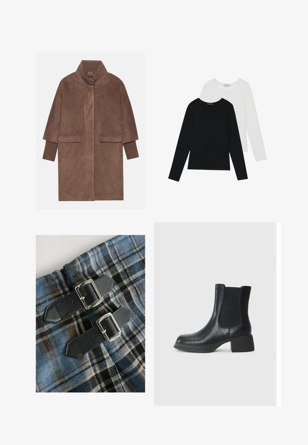 Bēšā vilnas jaka ar augstu apkakli, divām priekšējām kabatām un ribotām piedurknēm. Audumam ir maiga tekstūra un gluda virsma.; Divi ilgiem piedurknēm tops, viens melns un otrs balts, abiem ir kvadrāta izgriezums un tie ir izgatavoti no mīksta, elastīga auduma.; Pledēts tekstils ar zilu, brūnu un melnu krāsu, ar diviem melniem mākslīgās ādas siksnām un sudraba sprādzēm jostasvietā. Redzams rāvējslēdzis.; Melnas ādas potīšu zābaki ar elastīgām sānu daļām, noapaļota purngala forma un zems blokveida papēdis. Virsma ir gluda un ar minimālu detalizāciju.