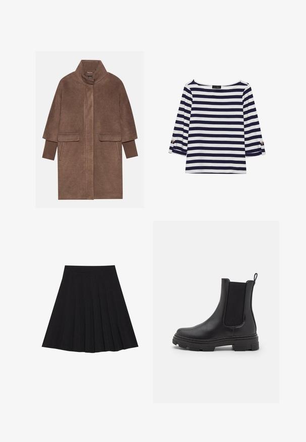 Manteau en laine marron avec un col haut, deux poches avant et des poignets côtelés. Le tissu a une texture douce et une finition lisse.; Haut rayé bleu marine et blanc à manches longues avec un col bateau et des accents de boutons dorés sur les manches retroussées. Tissu doux, coupe décontractée.; Jupe plissée noire en tissu texturé avec une taille ajustée. Arrive au genou, présentant une silhouette lisse et épurée.; Botte en cuir noir à la cheville avec des panneaux latéraux élastiques, bout rond et semelle en caoutchouc texturé. Elle dispose d'une poignée à l'arrière pour un enfilage facile.