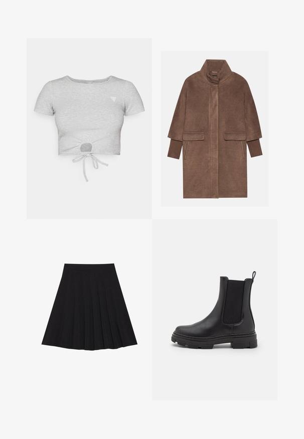 Barna gyapjúkabát magas gallérral, két elülső zsebbel és bordázott mandzsettákkal. Az anyag puha tapintású és sima felületű.; Szürke bordázott, rövidujjú cropped póló, amelynek alján kötés rész található, és a bal mellen egy kis háromszög logó díszíti.; Fekete, pliszírozott szoknya texturált anyagból, szűk derékpánttal. Térd alá ér, sima, letisztult vonalvezetéssel.; Fekete bőrből készült bokacsizma, elasztikus oldalpanellel, kerek orral és textúrált gumitalppal. Hátulján hurok található a könnyű felhúzás érdekében.