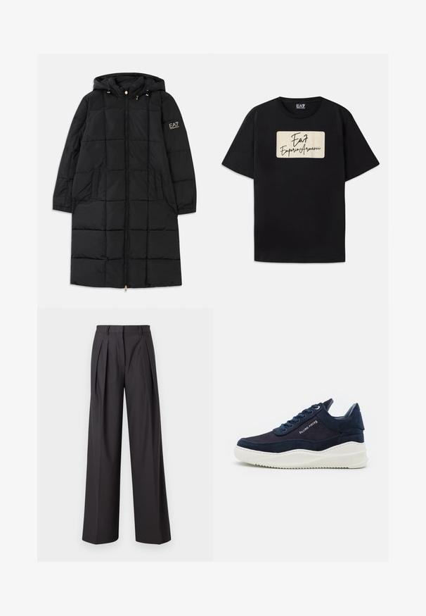Casaco puffer preto com capuz, apresentando um fecho de zíper na frente, design acolchoado, duas bolsos laterais e detalhes dourados nas mangas.; T-shirt de algodão preta com um logótipo retangular em cor creme e texto em estilo manuscrito. Mangas curtas e um corte standard.; Calças de perna larga em tecido cinza escuro, com pregas frontais, uma textura suave, cintura de altura média e passantes para cinto.; Sapatilhas de camurça azul marinho escuras com solas brancas de borracha, bico arredondado e design de atacadores. Apresenta detalhe do logótipo na lateral e acabamentos texturizados.