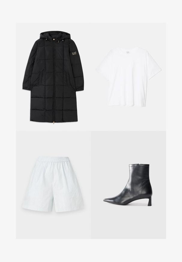 Cappotto imbottito nero con cappuccio, dotato di zip frontale, design trapuntato, due tasche laterali e dettagli in oro sulle maniche.; T-shirt bianco in cotone con maniche corte, scollo rotondo, vestibilità comoda e orlo cucito. Etichetta visibile all'interno del colletto.; Bermuda a righe blu chiaro con vita elastica. Realizzate in un tessuto morbido, presentano righe bianche verticali e un design a vestibilità ampia.; Stivaletto in pelle nera con punta affusolata e design elegante. Presenta un tacco basso e una chiusura con zip sul retro. Texture liscia.
