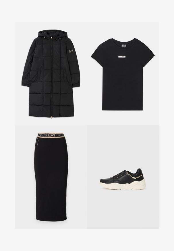 Pardoseală neagră cu glugă, cu un fermoar frontal, design matlasat, două buzunare laterale și accente aurii pe manșetă.; Tricou negru cu mâneci scurte, fabricat din bumbac, având un patch rectangular alb cu logo-ul "EA7" pe zona pieptului.; Fustă neagră din bumbac cu un design ajustat, are un brâu lat de culoare bej cu logo-ul "EA7 Emporio Armani", textură netedă, tăietură până la genunchi.; Pantofi sport din piele neagră cu o talpă groasă de nuanță crem, accent cu lanț de culoare aurie și șireturi negre. Textură netedă cu branding embosat pe lateral.