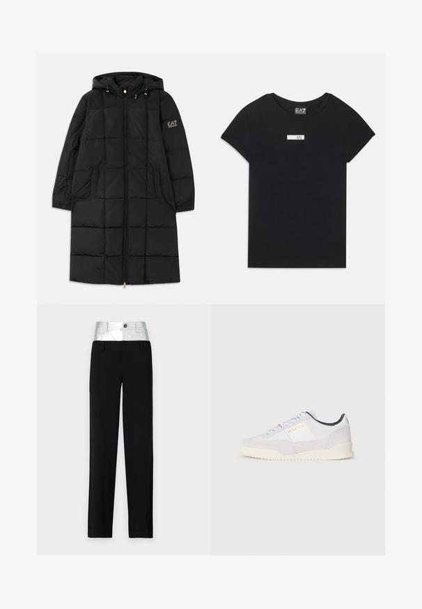 Musthave puffer-jakk musta värviga, millel on kapuuts, eesne lukuga sulgemine, tikitud disain, kaks küljetaskut ja kuldsed detailid varrukal.; Must have mustaga, lühikeste varrukatega, puuvillane T-särk, mille esiküljel on valge ristkülikukujuline logopatch, millel on kirjas "EA7".; Mustad püksid läikiva hõbedase vöökohtaga. Omab nupplukku ja nelja taskut, sobivus on kohandatud ning jalgade lõige on sirge.; Paul Smith DOVER - Tossud - white