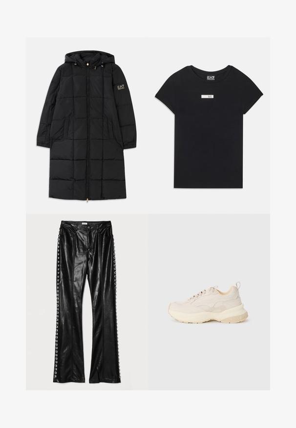 Juodasis pūkinis paltas su kapišonu, turintis užtrauktuką priekyje, siuvinėtą dizainą, dvi šonines kišenes ir auksinius akcentus ant rankovės.; Juodas trumpas rankovėmis medvilnės marškinėliai, su baltu stačiakampiu logotipo ženkleliu "EA7" priekyje ant krūtinės.; Cinq à Sept STUDDED SHAILENE PANT - Kelnės - black; Smėliniai sportbačiai su glotnia viršutine dalimi, tekstūruotais akcentais ir masyviu baltai pilku padu. Yra raišteliai ir kilpa kulne, skirta patogiam dėvėjimui.