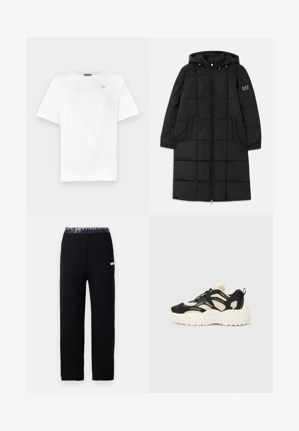 Melns pūkains mētelis ar kapuci, ar priekšējo rāvējslēdzēju, izšūtu dizainu, divām sānu kabatām un zelta akcentiem uz piedurknes.; Balts kokvilnas T-krekls ar īsām piedurknēm, apaļu kakla izgriezumu un mazu zelta logotipu uz kreisā krūšu. Gluda tekstūra, brīvs piegriezums.; Melnas sporta bikses ar gludu, mīkstu tekstūru, kurām ir elastīga josta ar logo un sānu akcentu detaļu. Taisna kāju dizains.; Melna un krēma krāsas sporta apavi ar teksturētu zoli, sietu paneļiem un zīmola tekstu akcentiem. Apaļa purngala forma un šņorēšanas dizains. Regulējams papēža cilpa.
