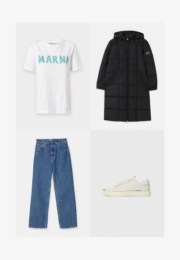 Černá péřová bunda s kapucí, se zapínáním na zip, prošívaným designem, dvěma bočními kapsami a zlatými akcenty na rukávu.; Bílá bavlněná tričko s texturovanou tyrkysovou grafikou, na které je napsáno "MARNI" vpředu. Tradiční kulatý výstřih a krátké rukávy.; Modré džínové kalhoty s širokým střihem, klasickým pětivzorcem a akcenty z kovového hardwaru. Na látce je přítomné mírné poškození.; Nízké tenisky v off-white barvě s šněrováním, bílým vnitřním podšíváním a jemným vícebarevným lemem podél okraje podešve, boční pohled.