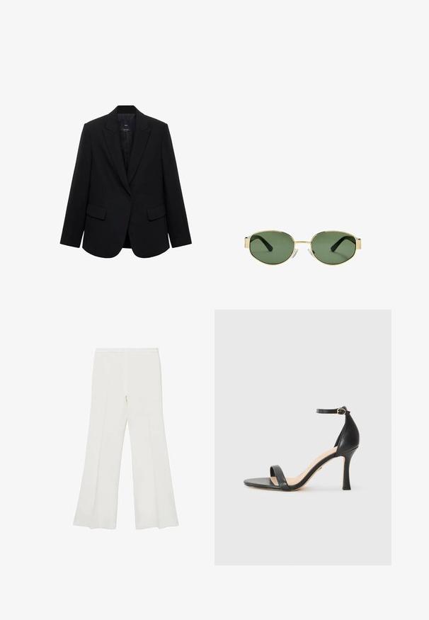 Černé sako vyrobené z hladké tkaniny, s klopovým límcem, jedním knoflíkem a dvěma předními kapsami se strukturovaným střihem.; Černý top bez rukávů se čtvercovým výstřihem, vyrobený z hladké bavlněné látky, s širokými ramínky a přiléhavým střihem.; Bílé rozšířené kalhoty s hladkým povrchem a čistými liniemi, s středně vysokým pasem a bez viditelných doplňků či vzorů.; Černé kožené sandály na vysokém podpatku s tenkým páskem kolem kotníku, otevřenou špičkou a elegantním, zakřiveným podpatkem. Texturovaná podrážka a minimalistický design.; Sluneční brýle s metalickým zlatým rámem, zelenými skly, oválného tvaru, s černými stranicemi a průhlednými nosními podložkami. Čistý, minimalistický design.; Černá kožená kabelka se zlatým kováním, s podpisovým zapínáním, odnímatelným ramenním popruhem a texturovaným povrchem.