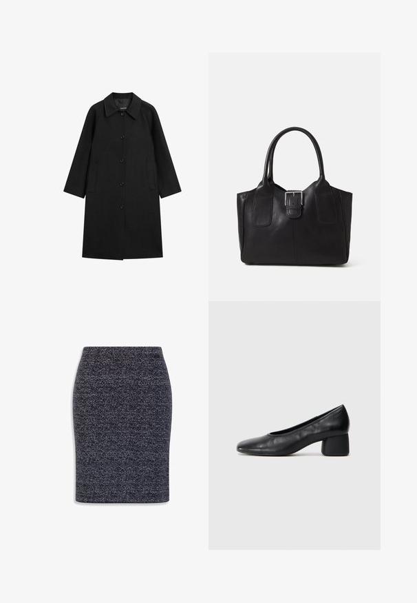 Černý kabát z vlněné směsi, s límcem, zapínáním na knoflíky, dvěma bočními kapsami a rovnými rukávy.; Tmavě námořnický svetr vyrobený z měkké pleteniny, s kulatým výstřihem, dlouhými rukávy a zkráceným designem s žebrovanými manžetami a lemem.; Pletená tužková sukně v tmavě šedé barvě s jemně strukturovaným vzorem. Přiléhavý silueta, sukně střední délky, bez viditelných zapínání nebo akcentů.; Černé kožené lodičky s kulatou špičkou a středním blokovým podpatkem. Hladký povrch s minimálním zdobením, s jemným elastickým otvorem.; Černá kožená tote taška s hladkým povrchem, strukturovaným tvarem, dvěma uchy a výrazným stříbrným detailem s přezkou na přední straně.