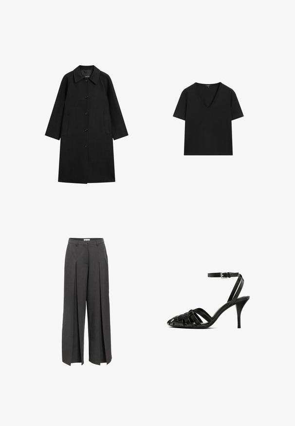Manteau noir en mélange de laine, avec un col, une fermeture à boutons, deux poches latérales et une coupe droite avec des manches longues.; T-shirt noir à manches courtes en V, au design simple et ajusté, sur fond blanc.; Pantalons large en tissu gris foncé, dotés de plis à l'avant, d'une taille haute et de passants de ceinture. Texture lisse avec une finition soignée.; Sandale à talon haut en cuir noir avec une sangle de cheville, présentant des sangles tissées sur le bout, une finition lisse et une forme de bout pointu.