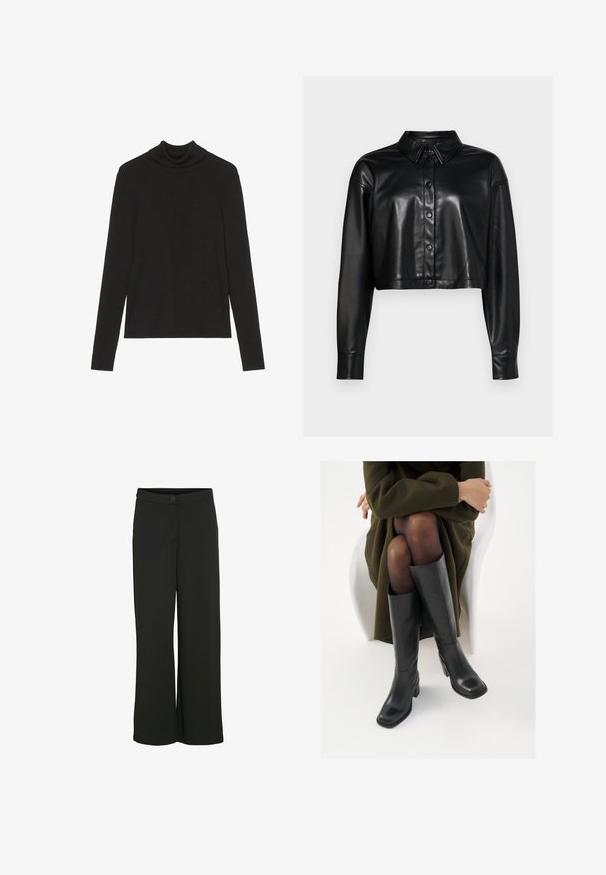 Lühendatud must nahkshirt näputakistega, sisestamata ees ja terava kaelusega, pikad varrukad. Omab läikivat viimistlust ja standardset nupuvajutust.; Marc O'Polo LONGSLEEVE STRUCTURE - Džemper - black; Laiad mustad pükse siledast kangast. Omab ees nuppu sulgemist ja kahte küljetaskut. Sirge lõige ilma kaunistusteta.; Knee-high mustad nahast saapad nelinurkse varbaga ja plokilise kontsaga, esitatud mudeli kõrval, kes istub oliivirohelises mantlis. Sujuv tekstuur, minimaalne detailide arv.