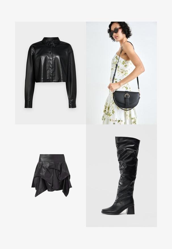 Kuttet svart skinnskjorte med knappelukking foran, spiss krage og lange ermer. Har en blank finish og standard knappemateriell.; Svart avlingstopp med tynne stropper og gjennomsiktige lange ermer laget av gjennomsiktig mesh-stoff.; Svart lærsnrk med en flagrende, asymmetrisk design og drapert detaljer samt en tettsittende midje. Glatt tekstur med en glinsende overflate.; Sorte knelang støvler laget av skinnende lær med en slouchy design, spiss tå og en tykk blokkhel. Glatt tekstur med subtil glans.; Svart lærveske med en buet form, avtagbar stropp og gullbeslag. Vesken har et klaff med spenne-detall.