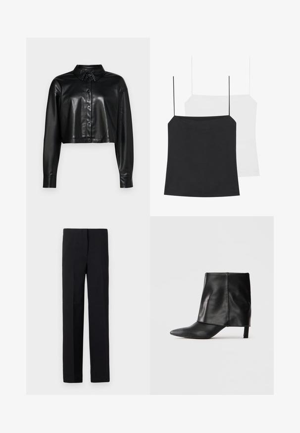 Fekete bőr, cropped fazonú ing, gombos elülső résszel, hegyes gallérral és hosszú ujakkal. Fényes felülettel és normál gombos rögzítéssel rendelkezik.; Két camisole top látható: egy fekete és egy fehér. Mindkettő vékony pántokkal és testhez simuló kialakítással rendelkezik, sima, rugalmas anyagból készültek.; Fekete, egyenes fazonú, testre szabott nadrág, sima textúrával és látható minták nélkül. Szabványos derékpánt és letisztult kivitel.; Fekete bőrből készült, középmagas szárú csizma, hegyes orral, hajtott felső résszel és karcsú, alacsony sarokkal, fehér háttér előtt.
