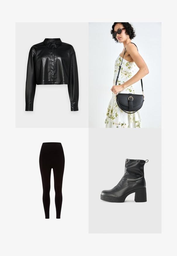 Zkrácená kožená košile černé barvy s knoflíkovým zapínáním, špičatým límcem a dlouhými rukávy. Obsahuje lesklý povrch a standardní knoflíkové kování.; Černý body s tenkými ramínky a krajkovým lemem na vrchu. Hladký texture, přiléhavý střih a hluboký výstřih.; Černé legíny vyrobené z elastického materiálu, s vysokým pasem, hladkým povrchem a přiléhavým střihem, bez jakýchkoli vzorů či ozdob.; Černé kotníkové boty vyrobené z hladké kůže, s bočním zipem, robustním strukturovaným podpatkem a kulatou špičkou.; Černá kožená kabelka s křivkovým tvarem, odnímatelným popruhem a zlatými detaily. Kabelka má klopu s přezkou.