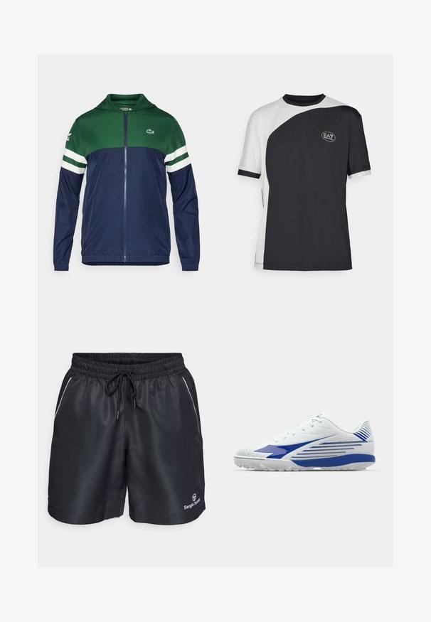 Roheline ja tumesinine kapuutsiga tõmblukuga jakk; kerge materjal, valged triibud käistel ja Lacoste logo vasakul ülaservas.; Lühikeste varrukatega T-särk, millel on kahes toonis must ja valge disain, sile tekstuur ja EA7 logo ees.; Mustad must sportlikud lühikesed püksid elastse vöökoha, nööriga ja valgete külgmiste detailidega. Alumisel paremal jalal on väljaulatuv logo.; Valge sportlik king, millel on sinised aktsendid, tekstureeritud võrgust üst, kumer disain ja kummist välistald, millel on haardemustrid. Paeltega sulgemine tagab kindla istuvuse.
