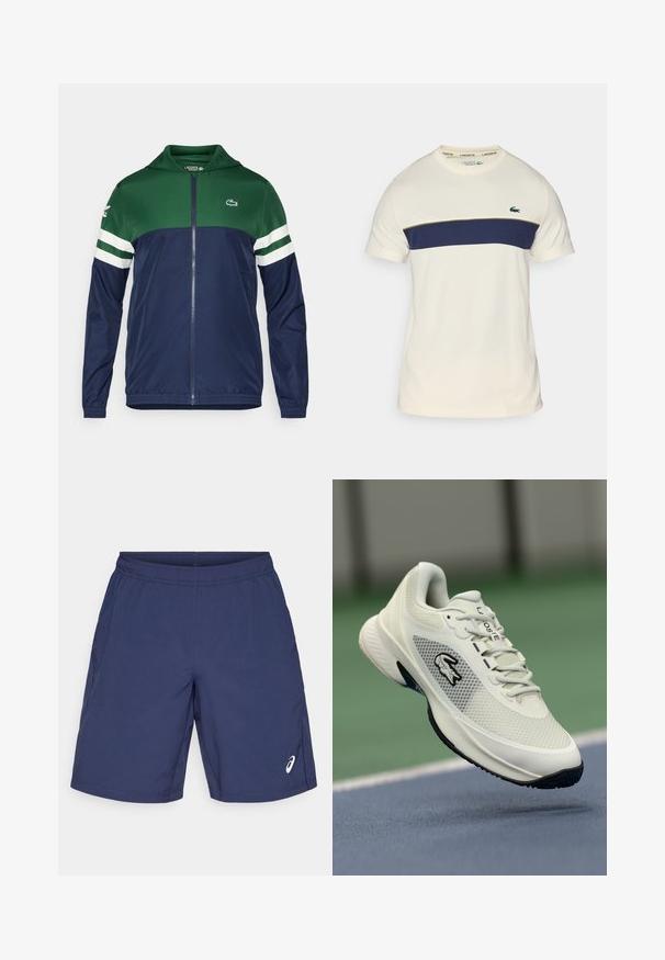 Žalia ir tamsiai mėlyna užtrauktuku užsegama striukė su gobtuvu; lengva medžiaga, baltos juostelės ant rankovių ir Lacoste logotipas kairėje viršuje.; Kremo ir tamsiai mėlynas Lacoste marškinėliai su apvaliu iškirpimu, trumpomis rankovėmis ir horizontaliu spalvų blokavimu. Puošia žalias krokodilo logotipas.; Tamsiai mėlyni šortai, pagaminti iš lengvos medžiagos, su elastingu juosmeniu ir šoninėmis kišenėmis. Logo matomas apatinėje kairėje pusėje.; Balti sportiniai batai su tinkliniais viršutiniais, juodais akcentais, tekstūruotu padu ir išryškintu logotipu šone, eksponuojami prieš teismo foną.