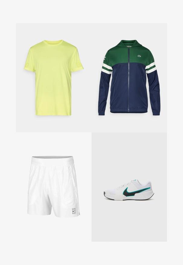 Grøn og navy zip-up jakke med hætte; letvægtsmateriale, stribede hvide detaljer på ærmerne, og Lacoste-logoet på den øverste venstre side.; Lys gul, kortærmet t-shirt med tekstureret stof. Inkluderer diskret branding på venstre ærme. Klassisk crewneck-design.; Hvide atletiske shorts lavet af letvægtsstof med elastisk talje, der har to sidelommer og et lille sort logo på kanten.; Hvid sportsko med tekstureret mesh-overdel, sort gummisål og teal Nike swoosh-accent. Har snørebånd og polstret krave.