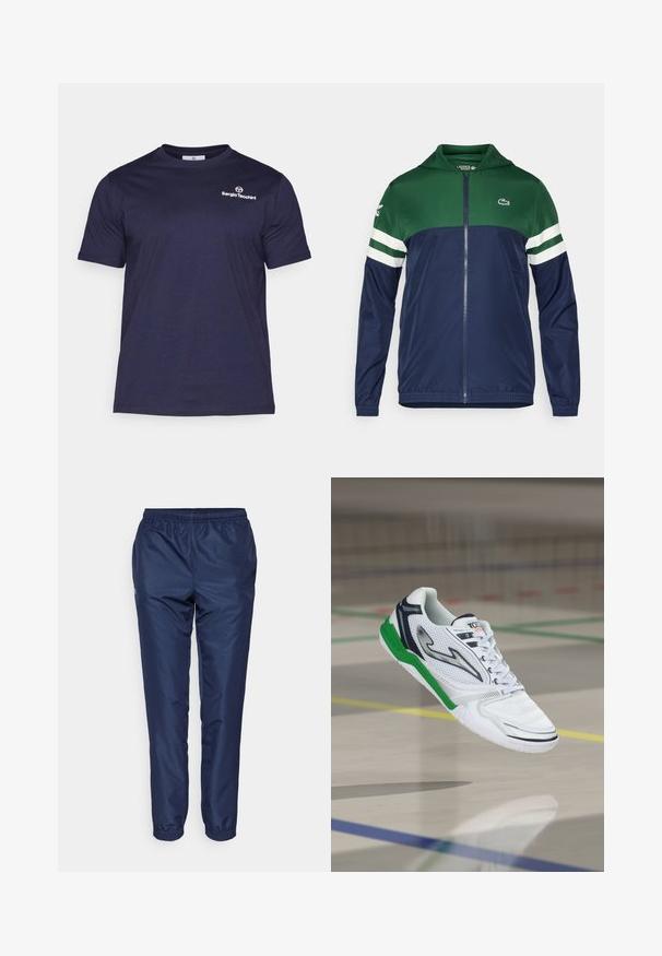 Giacca a zip verde e blu navy con cappuccio; materiale leggero, dettagli a strisce bianche sulle maniche e logo Lacoste sulla parte superiore sinistra.; Sergio Tacchini BOLD - T-shirt basic - navy/white; Pantaloni da jogging blu navy realizzati in tessuto leggero, con vita elastica e gambe affusolate con polsini elastici alle caviglie.; Scarpa sportiva bianca con dettagli in verde e blu navy, superiore in rete testurizzata, design con lacci e suola leggera, adatta per sport indoor.