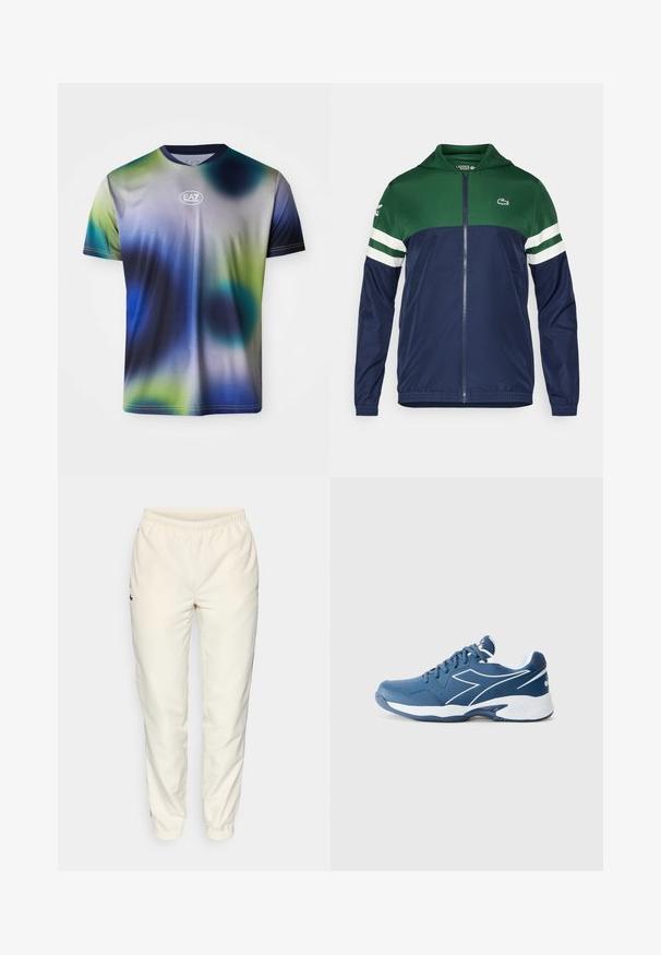 Zeleno in mornarsko modro zip-up jakna s kapuco; lahka material, črtaste bele poudarke na rokavih in Lacoste logo na zgornji levi strani.; Moška kratkohlačna majica v gradientu modre, zelene in sive barve. Gladek material s krožnim izrezom in EA7 logotipom na prsih.; Kremne barve športne hlače z elastičnim pasom, zoženimi hlačnicami in majhnim temno zelenim logotipom na levi strani. Gladek, lahek material.; Diadora VOLEE - Teniški copati za različne podlage - einsign blue/white