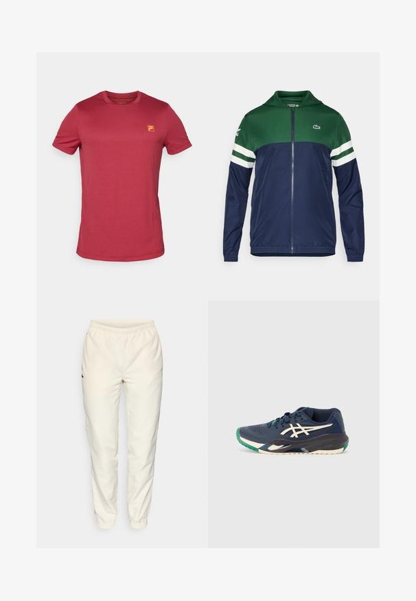 Vihreä ja laivastonsininen vetoketjullinen takki hupulla; kevyt materiaali, valkoiset raidoitukset hihoissa ja Lacoste-logo vasemmalla ylhäällä.; Punainen lyhythihainen t-paita, joka on valmistettu teksturoidusta kankaasta. Paidassa on pieni keltainen logo vasemmassa rintataskussa. Pyöreä kaula-aukko ja normaali istuvuus.; Kremvärviga sportbyxor med elastisk midja, nertill insvängda ben och en liten mörkgrön logo på vänster sida. Slätt, lättviktsmaterial.; Navy urheilukengät, joissa on verkkopäällinen, valkoinen logo, vihreä korostus varpaassa ja monivärinen pohja. Virtaviivainen muotoilu, jossa on teksturoitu pinta.