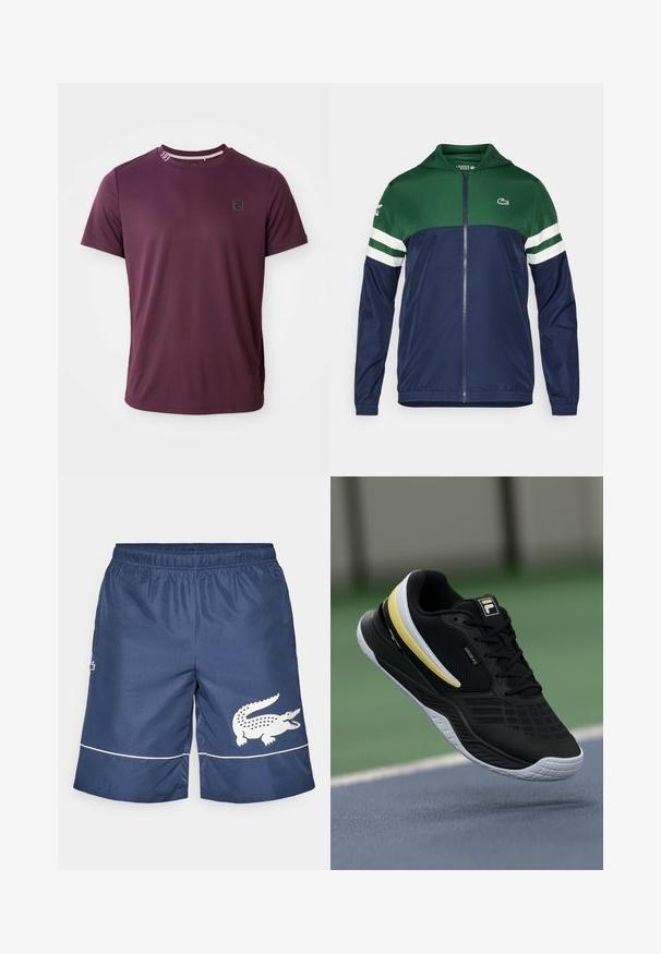 Casaco com fecho éclair em verde e marinho, com capuz; material leve, com detalhes brancos em riscas nas mangas e logo da Lacoste no canto superior esquerdo.; T-shirt curta bordeaux feita de tecido suave, com gola redonda e um pequeno detalhe de logótipo no peito.; Calções de banho azul-marinho com um tecido texturizado, cintura elástica e logótipo de crocodilo branco com detalhes geométricos na lateral.; Sapato atlético preto com parte superior texturizada, apresentando detalhes em amarelo e branco. Design leve, sola almofadada e padrão intricado nas laterais.