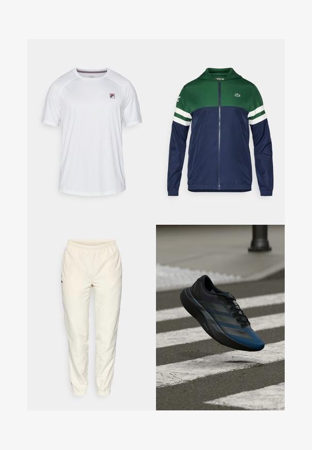 Zaļi un tumši zilā krāsā nēsājamā jaka ar rāvējslēdzēju un kapuci; viegla auduma, ar svītrotiem baltajiem akcentiem uz piedurknēm un Lacoste logo augšējā kreisajā pusē.; Balts sporta krekls ar īsām piedurknēm, noapaļota kakla izgriezuma un mazs taisnstūrveida Fila logo sarkanas, zilas un melnas krāsas augšējā kreisajā krūšu daļā.; Krēma krāsas sporta bikses ar elastīgu jostu, sašaurinātiem diegiem un mazu tumši zaļu logotipu kreisajā pusē. Gluda, viegla auduma.; Melns un zils sporta apavu ar aerodinamisku dizainu, tam ir teksturēta virsma, kontrastējošas svītras un amortizējoša zolīte, kas peld virs ietves.