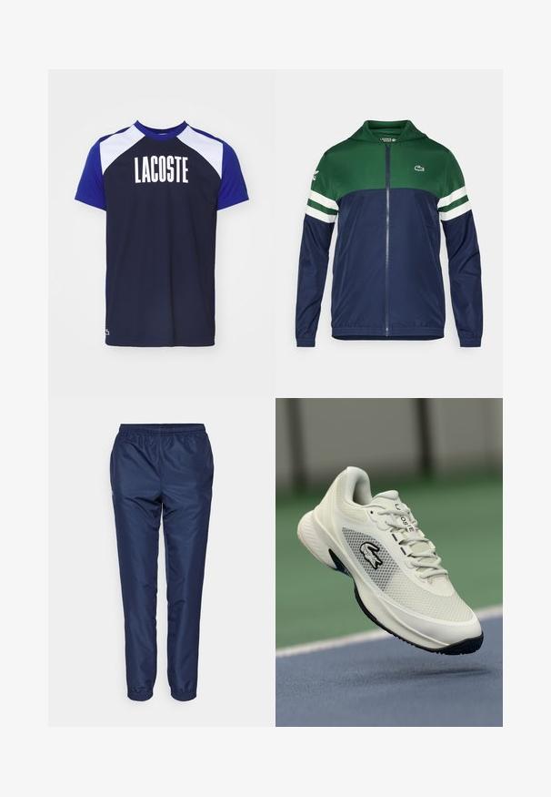 Jachetă verde și bleumarin cu fermoar și glugă; material ușor, detalii în dungi albe pe mâneci și logo Lacoste în partea din stânga sus.; Tricou scurt cu mânecă, de culoare bleu marin, cu panouri albe pe umeri și logo-ul "LACOSTE" scris cu litere îngroșate pe partea din față. Material texturat, croială standard.; Pantaloni de sport de culoare bleumarin, confecționați dintr-un material ușor, având un talie elastică și picioare conice cu manșete elastice la glezne.; Sneaker athletic alb cu un superior din plasă, accente negre, talpă texturată și un logo proeminent pe lateral, afișat pe un fundal de teren.