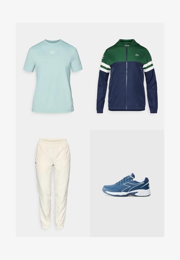 Zeleno in mornarsko modro zip-up jakna s kapuco; lahka material, črtaste bele poudarke na rokavih in Lacoste logo na zgornji levi strani.; Svijetloplava atletska majica kratkih rukava od tkanine koja odvodi vlagu, s okruglim dekolteom i malim bijelim logotipom na prsima.; Kremne barve športne hlače z elastičnim pasom, zoženimi hlačnicami in majhnim temno zelenim logotipom na levi strani. Gladek, lahek material.; Diadora VOLEE - Teniški copati za različne podlage - einsign blue/white