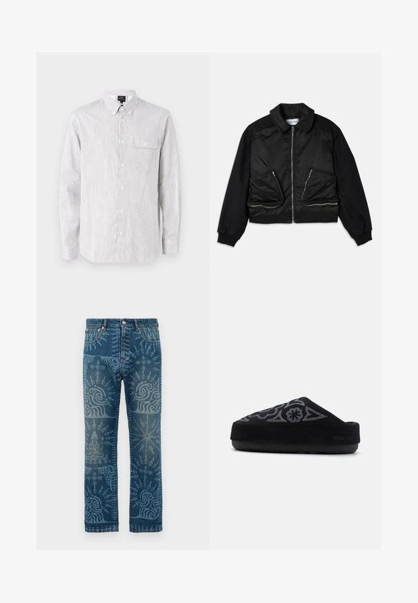 Svart bomberjacka med dragkedja fram, ärmar i kontrasterande tyg och två stora dragkedjefickor framtill. Slät, glänsande textur.; Randig skjorta med knappar i vitt och marinblått, tillverkad av lätt tyg. Har en krage, långa ärmar och en bröstficka.; Jeans i denim med en medelblå tvätt, med intrikata ljusblå mönster, rak ben-design, klassisk femficksstil och knäppning.; Svart mocka slip-on sko med broderad design, rund tå, tjock sula och texten "MOON BOOT" på hälen. Texturerad yta.
