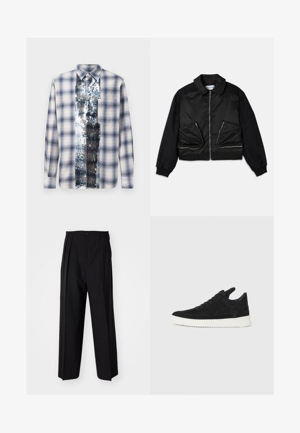 Fekete bomberdzseki cipzáros elülső résszel, anyagában eltérő ujjakkal és két nagy cipzáros zsebbel az elején. Sima, fényes textúra.; Hosszú ujjú kék és fehér kockás ing, középső függőleges panelen fénylő ezüst paillettel, a gallértól a szegélyig.; Fekete, pliszírozott nadrág, egyenes, széles lábakkal. Sima anyagból készült, gombos záródással és övhurkokkal rendelkezik.; Fekete nubuk sportcipő fehér gumitalppal, tónusos varrással és fűzős kialakítással. Simák a textúrája, modern, letisztult formával rendelkezik.