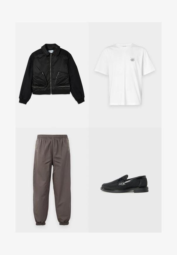 Sort bomberjakke med lynlås foran, ærmer i kontraststof og to store lynlåslommer foran. Glat, skinnende tekstur.; Hvid t-shirt lavet af bomuld med korte ærmer, rund halsudskæring og et lille gråt logo på venstre brystområde. Glat tekstur.; Mørkegrå, elastiske bukser med en afslappet pasform. Har samlede manchetter og subtil broderi på siderne. Letvægtsstof.; Sort vævet slip-on sko med en glat læderdetalje på overdelen, en rund tådesign og en lavprofil gummisål.
