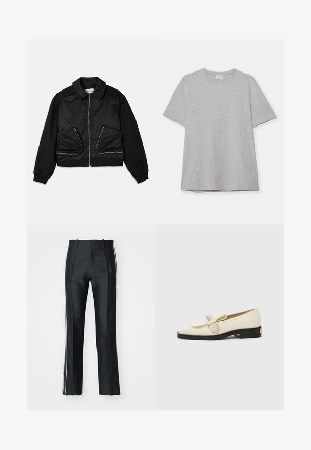 Černá bomber jacket s předním zipem, kontrastními rukávy z jiného materiálu a dvěma velkými kapsami na zip na přední straně. Hladká, lesklá textura.; Šedé tričko s krátkým rukávem vyrobené z měkké, texturované látky. Disponuje klasickým kulatým výstřihem a rovného lemu, vhodné pro každodenní nošení.; Černé saténové kalhoty s upraveným střihem, vybavené bílými bočními pruhy. Navrženy s rozšířenými nohavicemi a předními sklady pro zvýraznění detailů.; Krémové kožené polobotky s kulatou špičkou, zdobené dekorativní mašlí a metalickým akcentem, posazené na nízkém černém podpatku. Hladký povrch po celém obvodu.