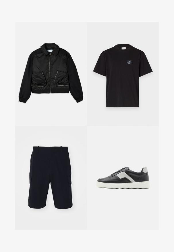 Black bomber jacket with a zip front, fabric contrasting sleeves, and two large zippered pockets on the front. Smooth, shiny texture.; Black cotton t-shirt with a crew neck and short sleeves. Features a small blue logo on the left chest. Simple, straight-cut design.; rag & bone CADE - Shorts - black; Black leather sneaker with gray accents, white rubber sole, round toe, and six black eyelets for laces. Textured side panel detail.