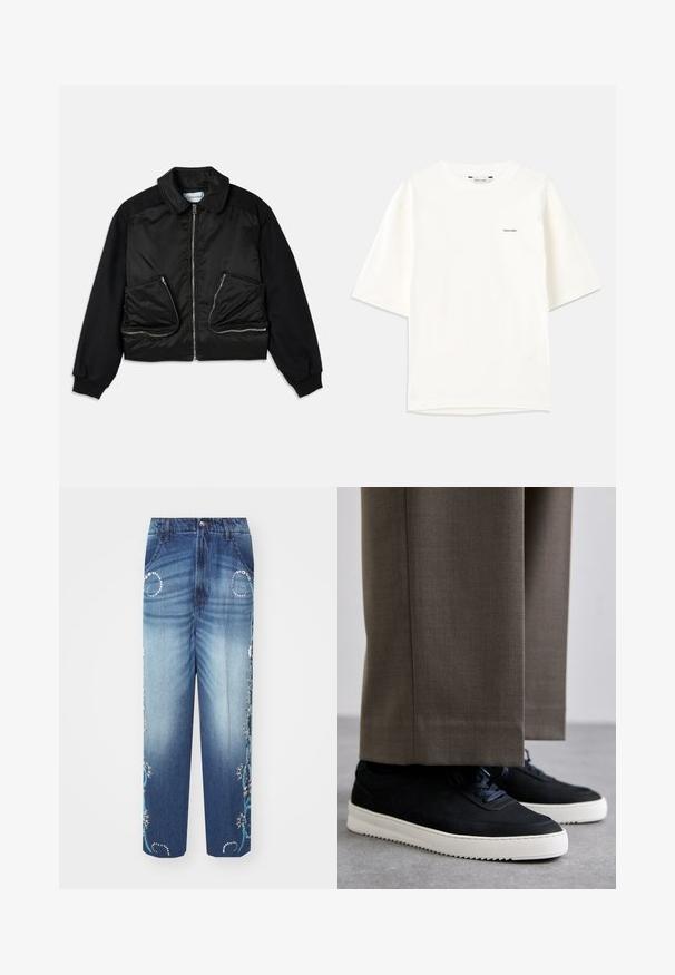 Crna bomber jakna s prednjim zatvaračem, kontrastnim rukavima i dva velika džepa sa zatvaračem sprijeda. Glatka, sjajna tekstura.; Bijela kratka majica s kratkim rukavima od pamuka. Ima okrugli izrez i mali crni "Holzweiler" logo s lijeve strane.; Plave traperice širokih nogavica s izblijedjelim pranjem, složenim plavim cvjetnim vezenjem i dekorativnim srebrnim ukrasima na džepovima.; Crne nubuk tenisice s bijelim gumenim potplatima, s zaobljenim vrhom i vezicama, uparene s sivim krojenim hlačama.