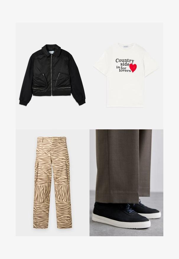 Veste bombardier noire avec fermeture éclair à l'avant, manches en tissu contrasté et deux grandes poches zippées à l'avant. Texture lisse et brillante.; T-shirt en coton blanc avec des manches courtes. Présente un texte noir disant "La campagne est faite pour les amoureux" et un graphique de cœur rouge. Design simple.; Pantalons cargo avec un imprimé zèbre beige et crème. Les caractéristiques incluent une jambe droite, deux poches latérales et une fermeture à bouton avec des accents métalliques.; Baskets en daim noir avec des semelles en caoutchouc blanc, dotées d'un bout arrondi et de lacets, portées avec un pantalon gris sur mesure.