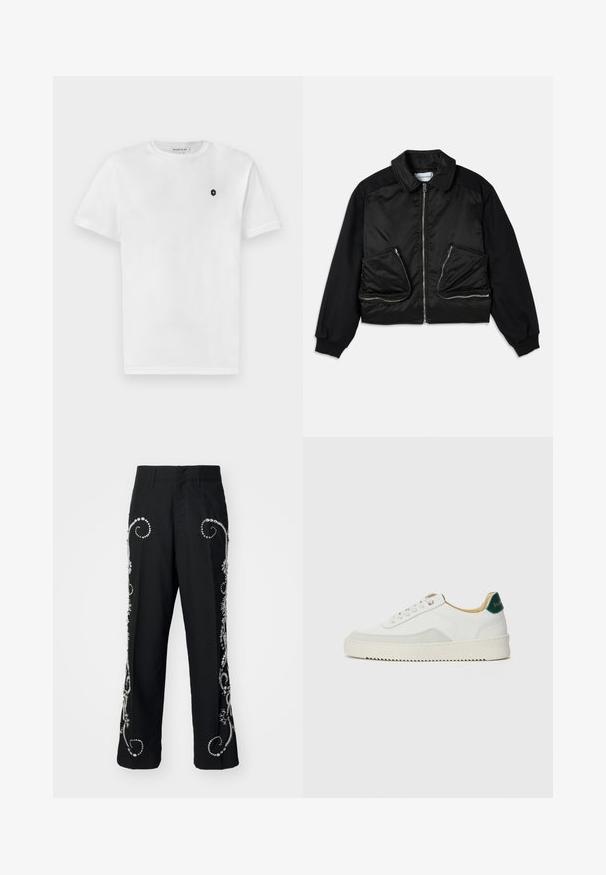 Fekete bomberdzseki cipzáros elülső résszel, anyagában eltérő ujjakkal és két nagy cipzáros zsebbel az elején. Sima, fényes textúra.; Fehér pamut póló rövid ujjakkal, kerek nyakkivágással és egy kis fekete logóval a bal mellkason. Simasztikus, klasszikus fazon.; Fekete nadrág hímzett virágmintákkal és ezüst díszítésekkel az oldalán, egyenes szabással és elülső zsebekkel.; Fehér sneaker suédé részletekkel, kerek orral, lapos fűzőkkel és krémszínű gumitalppal. Zöld logó található a sarkán.