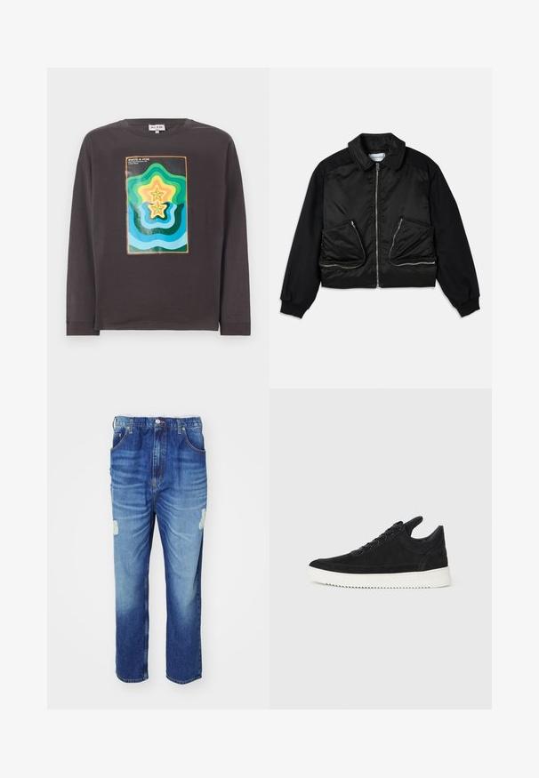 Černá bomber jacket s předním zipem, kontrastními rukávy z jiného materiálu a dvěma velkými kapsami na zip na přední straně. Hladká, lesklá textura.; Tmavě šedé tričko s dlouhým rukávem s barevným geometrickým vzorem vln a hvězd v zelené, modré, žluté a oranžové.; Modré denimové džíny s vybledlým umytím, s poškozenou oblastí na koleni, pěti kapsami a rovnými nohavicemi.; Černé semišové tenisky s bílou gumovou podrážkou, s tónovým prošitím a šněrováním. Hladký povrch s moderním, aerodynamickým tvarem.
