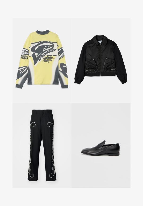 Black bomber jacket with a zip front, fabric contrasting sleeves, and two large zippered pockets on the front. Smooth, shiny texture.; Long-sleeve shirt in yellow and gray cotton, featuring a bold graphic design with "BM" and "Le Tour" text, plus abstract patterns.; Black trousers with embroidered floral designs and silver embellishments along the sides, featuring a straight cut and front pockets.; Black leather slip-on shoe with a pointed toe, smooth texture, and subtle branding on the side. Low heel with a clean, minimal design.