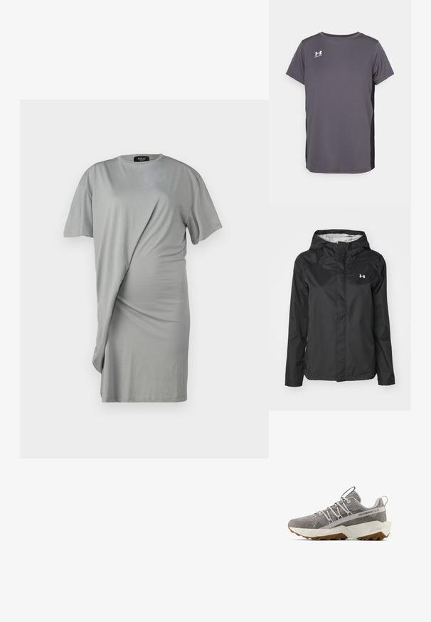Casaco de chuva preto feito de material resistente à água. Possui capuz, fecho frontal com zíper e um pequeno logotipo branco no lado superior esquerdo.; Vestido cinza de t-shirt com mangas curtas, apresentando um design drapeado e tecido suave. A parte da frente tem detalhes franzidos e uma bainha assimétrica.; T-shirt atlético cinza feito de um tecido leve, com mangas curtas, gola redonda e um painel lateral preto em contraste. Logótipo no peito.; Sapatilha New Balance cinza com parte superior em malha texturizada, sola geométrica branca, sola de borracha castanha, design de atacadores elásticos e alças na língua e no calcanhar.