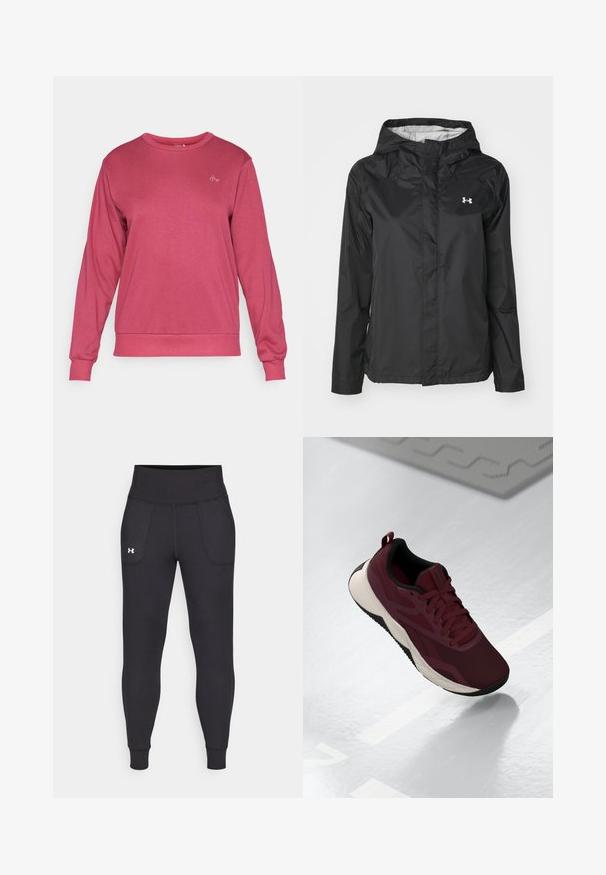 Casaco de chuva preto feito de material resistente à água. Possui capuz, fecho frontal com zíper e um pequeno logotipo branco no lado superior esquerdo.; Sweatshirt rosa com mangas longas, decote redondo, punhos e bainha canelados, apresentando um pequeno logótipo no peito. Textura suave, ajuste casual.; Leggings atléticos pretos, feitos de material elástico, com uma cintura alta, bolsos laterais e punhos ajustados no tornozelo.; Sapatilha desportiva bordô com parte superior em malha, detalhes em preto e sola branca acolchoada. Apresenta fecho por atacadores e alça na parte traseira.