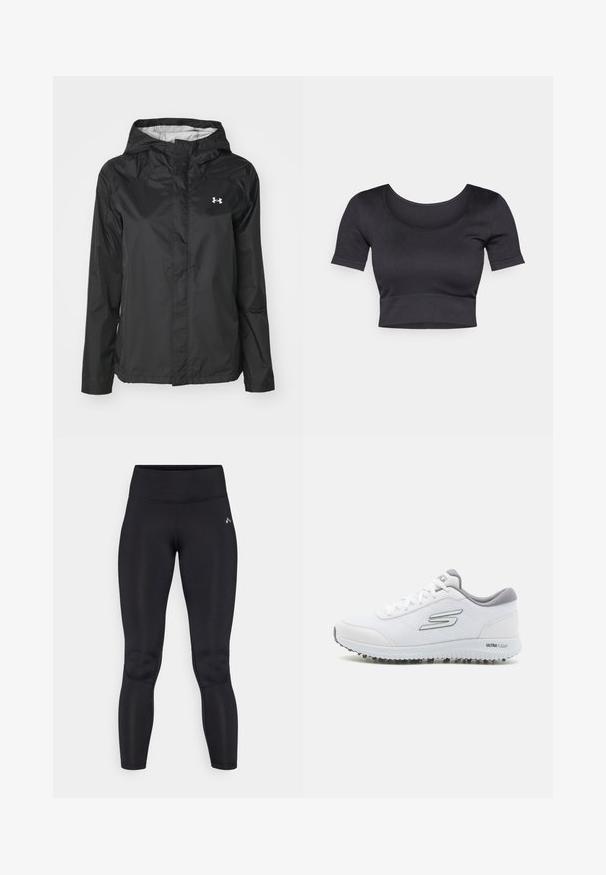 Jachetă neagră de ploaie din material rezistent la apă. Are un glugă, închidere cu fermoar frontal și un mic logo alb în colțul din stânga sus.; Top crogat negru cu nervuri, cu mâneci scurte, guler larg rotund și o bandă ajustată la baza acestuia. Textură moale, design casual.; Leggings negre confecționate dintr-un material neted și elastic, cu un talie înaltă și cusături plate. Fără modele vizibile sau detalii metalice.; Încălțăminte sportivă albă cu un upper din plasă texturată, accente argintii și o talpă ușoară cu mici piste de aderare, etichetată "ULTRA FLIGHT."