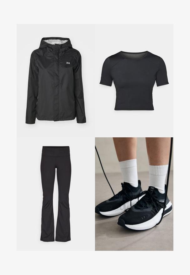 Črna dežna jakna iz vodoodpornega materiala. Ima kapuco, sprednje zadrgo in majhen bel logo na zgornji levi strani.; Črna kratka majica s kratkimi rokavi, narejena iz gladkega, raztegljivega materiala, z okroglim izrezom in subtilnimi šivi na ramenih.; Champion PERFORMANCE FLARE LEGGINS - Pajkice - black; Črne športne čevlje z strukturirano tkanino, belo podplatom in črnimi vezalkami. Nosi se z belimi rebrastimi nogavicami, stoje na svetli površini.