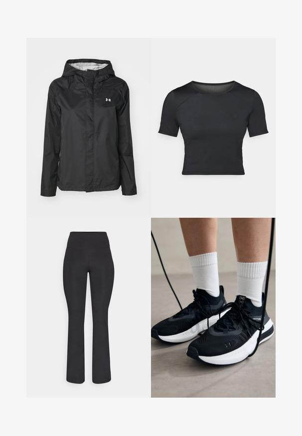 Zwarte regenjack gemaakt van waterafstotend materiaal. Bevat een capuchon, een ritssluiting aan de voorkant en een klein wit logo op de bovenste linkerzijde.; Zwarte korte mouwen crop top gemaakt van glad, rekbaar materiaal met een ronde halslijn en subtiele naaddetails op de schouders.; Champion PERFORMANCE FLARE LEGGINS - Tights - black; Zwarte sportschoenen van gestructureerde stof, met een witte zool en zwarte veters. Draag ze met witte geribde sokken, staand op een lichte ondergrond.