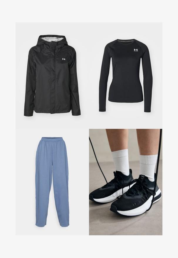 Schwarze Regenjacke aus wasserabweisendem Material. Verfügt über eine Kapuze, einen Reißverschluss vorne und ein kleines weißes Logo auf der oberen linken Seite.; Schwarzes langärmliges Sportshirt aus glattem Material, mit Rundhalsausschnitt und einem kleinen weißen Logo auf der linken Brust.; ONLY Play ONPBOB WIDE BRUSH - Jogginghose - vintage indigo; Schwarze Sportschuhe aus strukturiertem Stoff, mit weißer Sohle und schwarzen Schnürsenkeln. Tragen mit weißen gerippten Socken, stehen auf einer hellen Fläche.