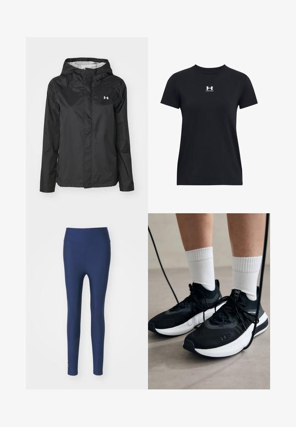 Casaco de chuva preto feito de material resistente à água. Possui capuz, fecho frontal com zíper e um pequeno logotipo branco no lado superior esquerdo.; Camiseta preta de manga curta feita de algodão. Tem um decote redondo e um logo branco da Under Armour no peito. Design simples e sólido.; Leggings azul marinho feitos de tecido elástico com uma cintura alta e textura suave. Apresenta um pequeno detalhe de logótipo perto do tornozelo.; Sapatilhas desportivas pretas com tecido texturizado, sola branca e atacadores pretos. Usadas com meias brancas caneladas, a pé sobre uma superfície clara.