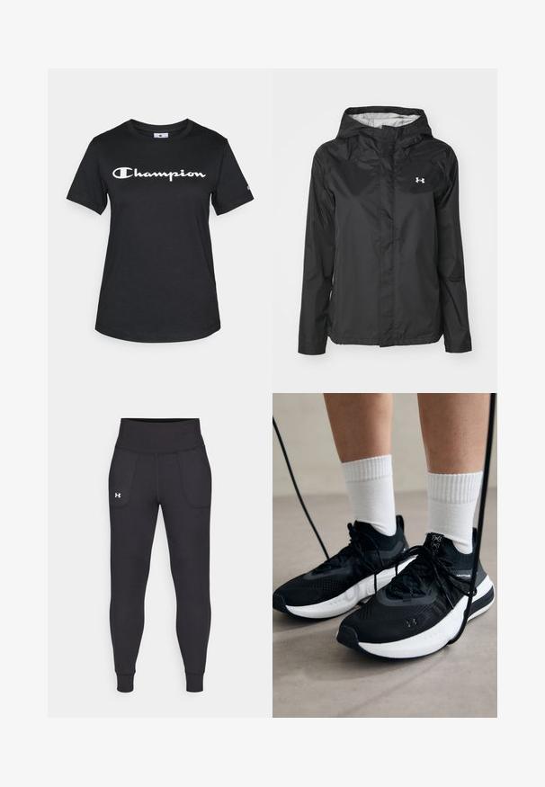 Schwarze Regenjacke aus wasserabweisendem Material. Verfügt über eine Kapuze, einen Reißverschluss vorne und ein kleines weißes Logo auf der oberen linken Seite.; Schwarzes Baumwoll-T-Shirt mit kurzen Ärmeln, einem Rundhalsausschnitt und einem großen weißen "Champion"-Logo, das vorne aufgedruckt ist.; Schwarze Sportleggings aus dehnbarem Material, mit hohem Taillenbund, seitlichen Taschen und schmalen Bündchen am Knöchel.; Schwarze Sportschuhe aus strukturiertem Stoff, mit weißer Sohle und schwarzen Schnürsenkeln. Tragen mit weißen gerippten Socken, stehen auf einer hellen Fläche.