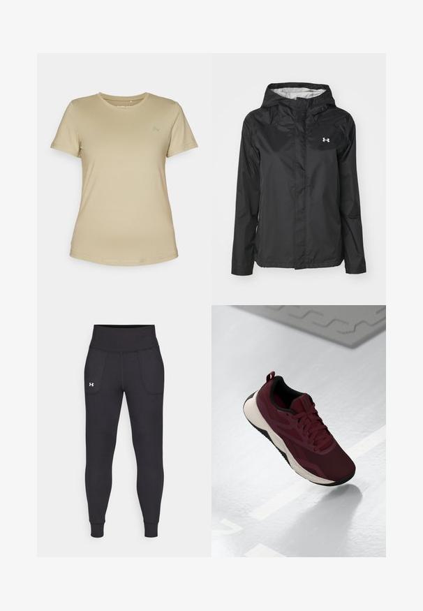 Juodas lietpaltis, pagamintas iš vandeniui atsparios medžiagos. Turi gobtuvą, priekį užtraukiamą užtrauktuku ir mažą baltą logotipą viršutiniame kairiajame kampe.; Šviesiai rudas trumpomis rankovėmis marškinėliai iš lygaus, tampraus audinio. Turi apvalią iškirptę ir subtilų logotipą kairiajame krūtinės viršuje.; Juodos sportinės leginsai, pagaminti iš tamprių medžiagų, su aukštu juosmeniu, šoninėmis kišenėmis ir priglundančiomis blauzdų manžetėmis.; Burgundi spalvos sportiniai bateliai su tinklelio viršumi, juodais akcentais ir paminkštintu baltu padu. Turintys raištelių uždarymą ir pakėlimo juostelę ant kulno.