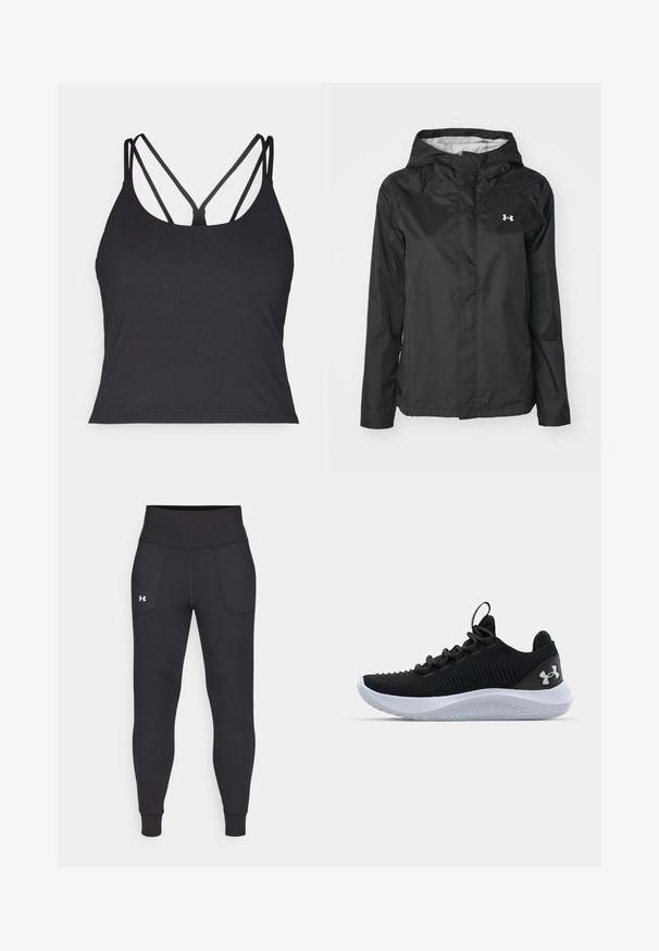 Sort regnjakke lavet af vandafvisende materiale. Har hætte, frontlynlås og et lille hvidt logo på øverste venstre side.; Sort top med tynde stropper og krydset design på ryggen. Lavet af blødt, strækbart materiale med en tætsiddende silhuet.; Sorte atletiske leggings lavet af strækbart materiale, med høj talje, sidelommer og tætsiddende manchetter ved anklerne.; Sorte træningssko med en åndbar mesh-overdel, strukturerede detaljer og en hvid gummisål. Har flade snørebånd og en hæltrækstrop.